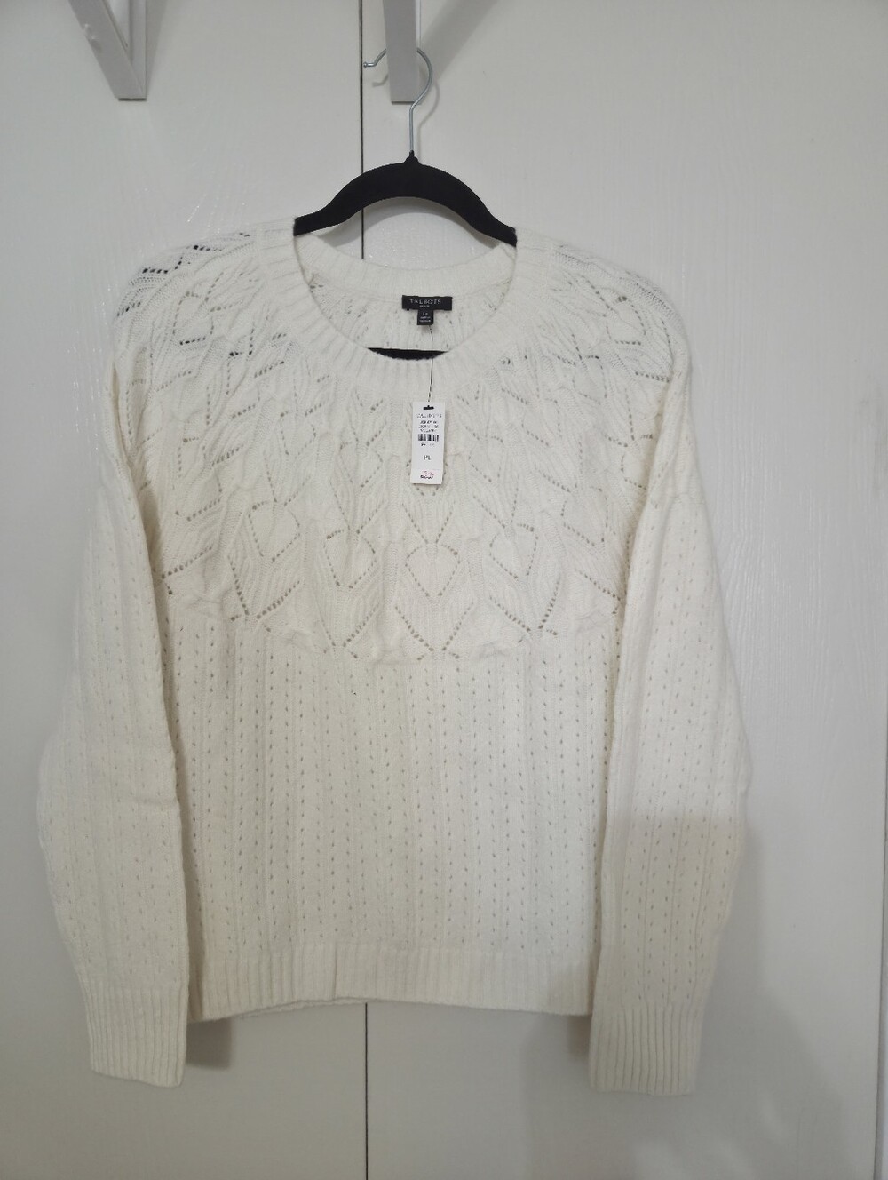 talbots ivory roundneck open weave long sleeve sweater wms petite L wool blend